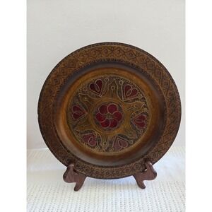 Vintage Hand Carved Polish Wooden Folk Art Plate Floral, 9"